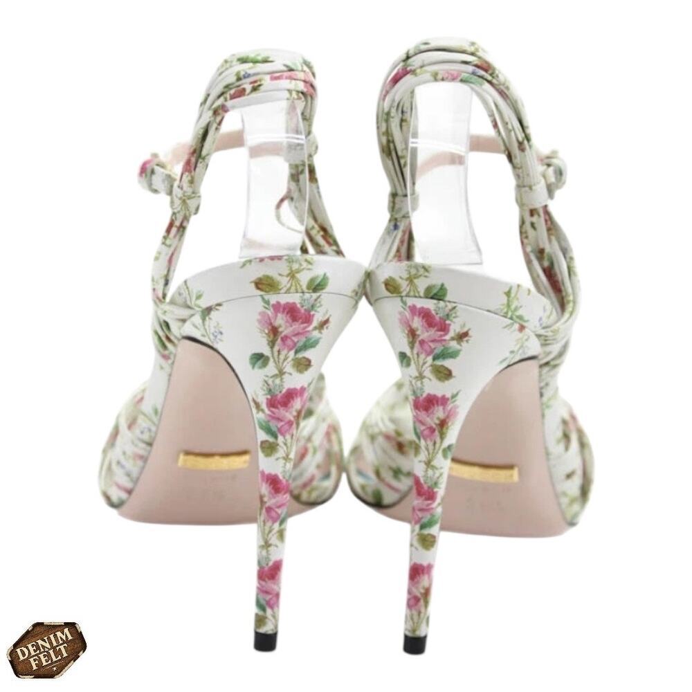 NEW Gucci Knotted Ivory Floral Leather Heels Size 35.5 Wedding Strappy Sandals - Picture 6 of 13